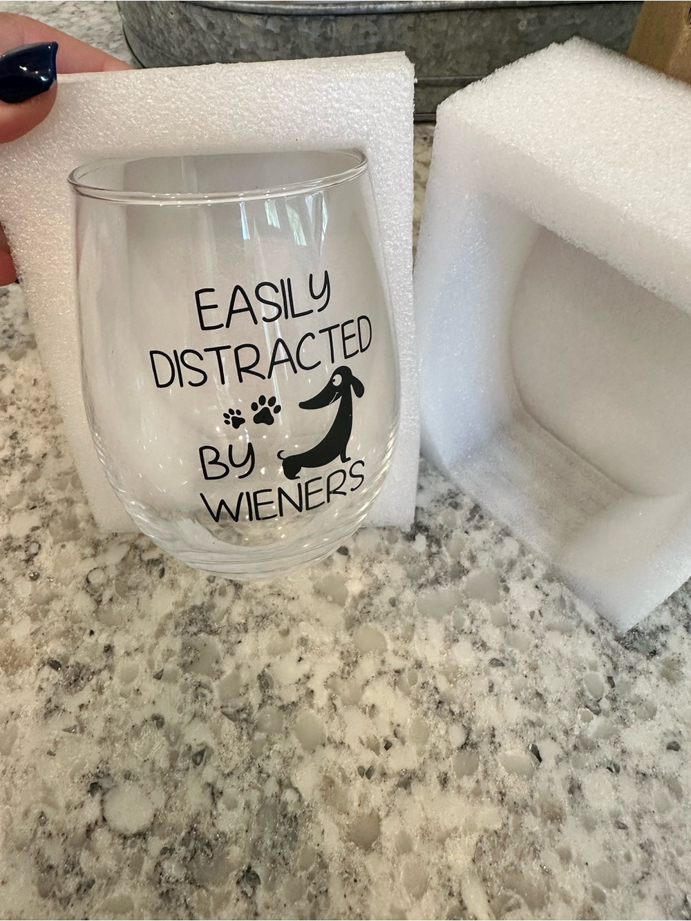 Easily Distracted by Wieners Stemless Wine Glass - Picture 2 of 5